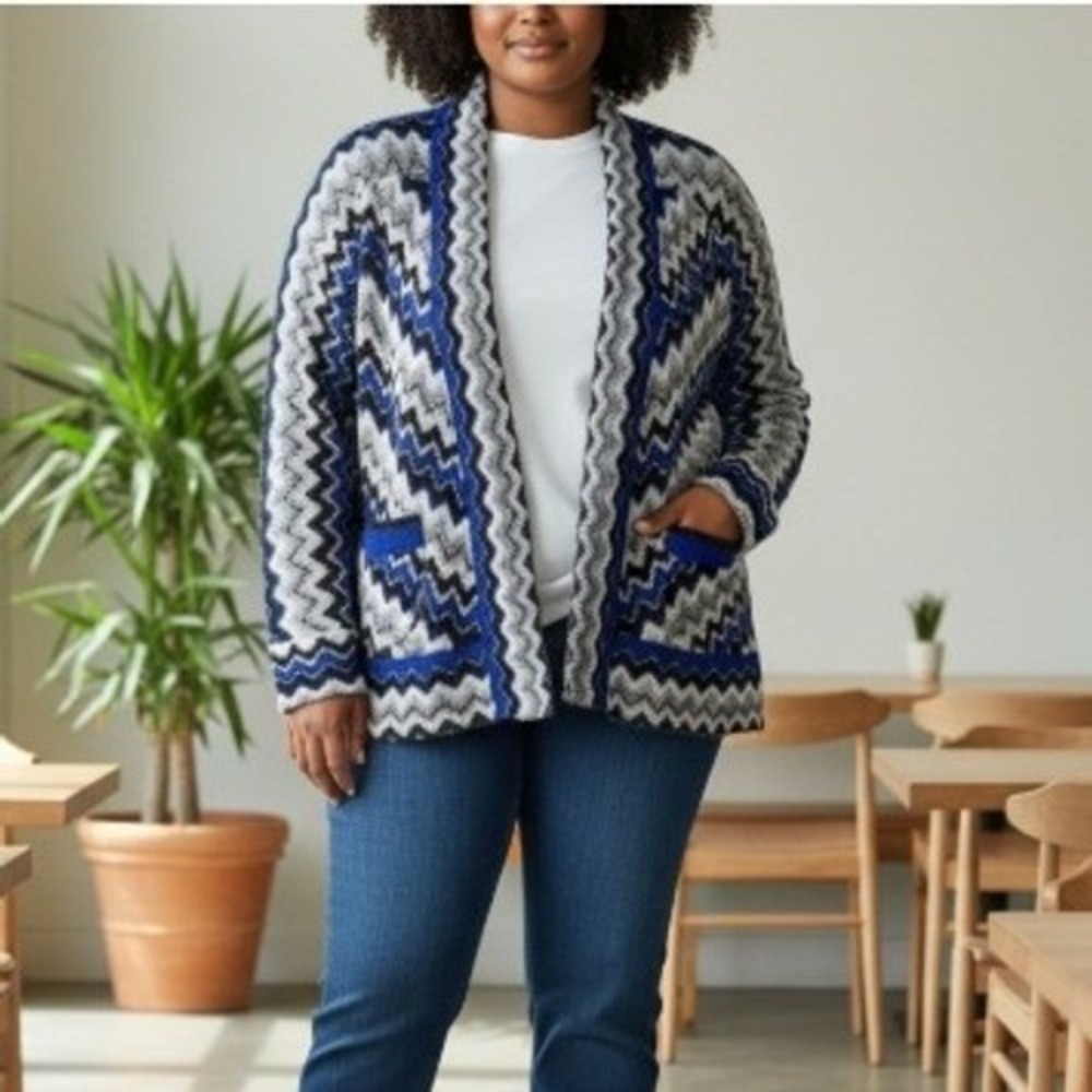 NEW Chicos Zig Zag Chevron Cardigan Sweater Wool Mohair‎ Blue Boho Artsy Size 1